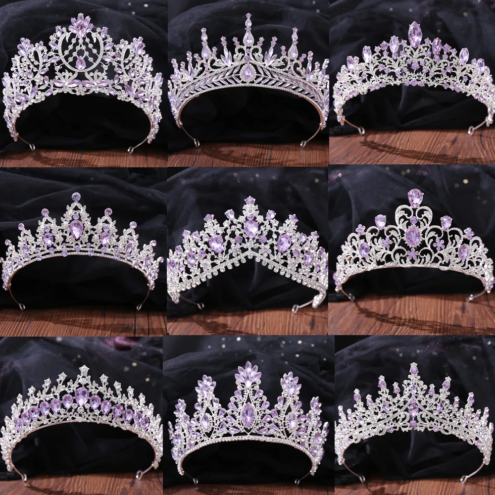 UODCM-Tiara para el pelo de cristal púrpura claro para mujer, corona nupcial, diadema de Color plateado, velo, accesorios para el cabello de boda, joyería para la cabeza