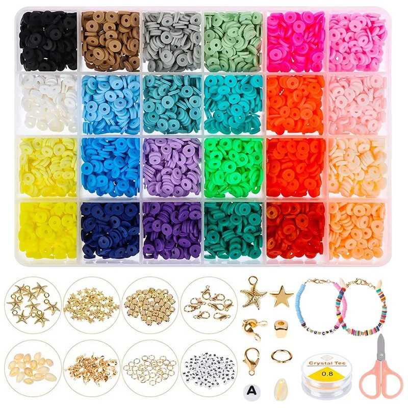 

5800PCS Flat Beads, Environmental Handmade, 6mm Polymer Clay Beads Kit and Hundres Charms, for DIY Necklace Bracelet