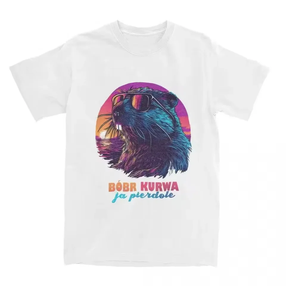Фото Футболка для пар Synthewave Polish Beaver Meme Bobr Bober Kurwa, новинка, летняя футболка, уличная мода, дизайнерский топ №2
