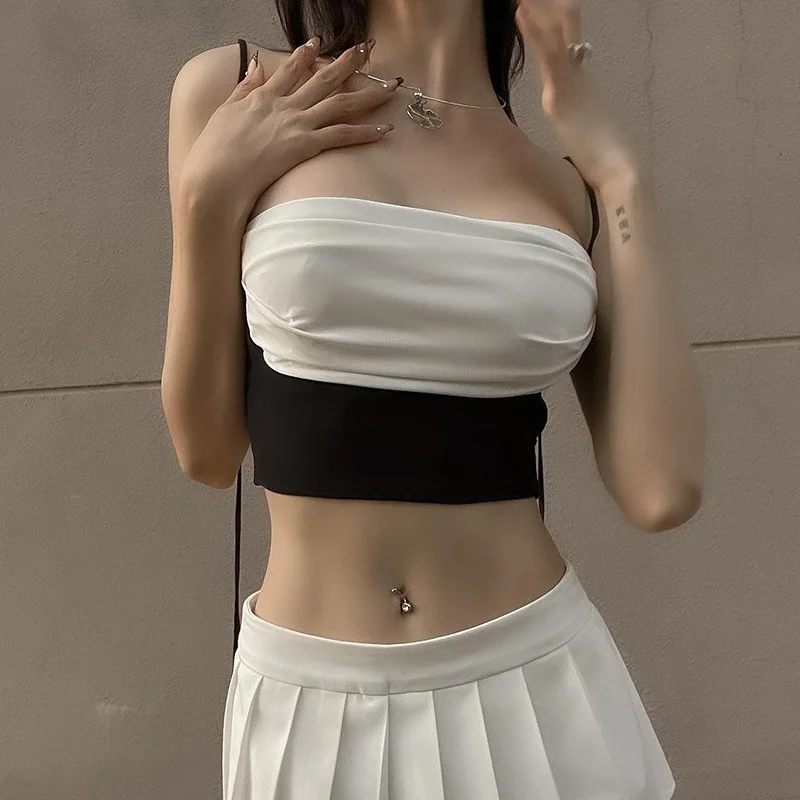 

Cute Sexy Cami Crop Top Womens Summer Y2k Coquette Clothes Aesthetic Black and White Patchwork Halter Tops P69-AD10