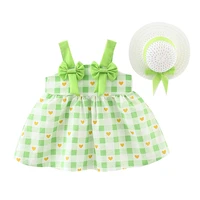2piece summer newborn clothes set toddler girl dresses cute bow plaid sleeveless cotton princess beach baby dresssunhat bc2176
