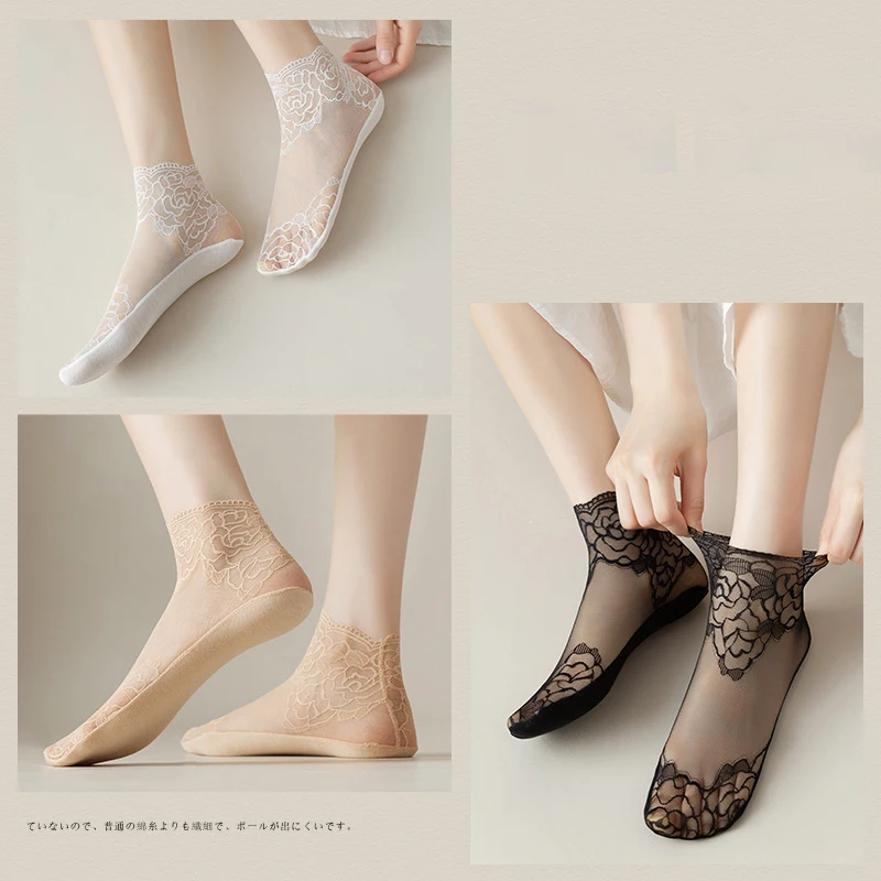 5Pair Cotton Women Lace Sock Summer Breathable Non-slip Shallow Boat Socks Lace Floral Invisible Socks Thin Short Sock for Women