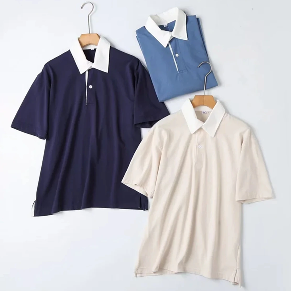 

Jenny&Dave 2022 Summer Japanese Style Fashion Casual Polo Shirts Cotton Color Contrast Loose Tshirts Man Tops