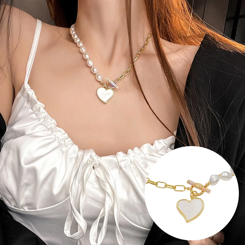 

Fashion Metal Chain Imitation Pearl Stitching Chain Peach Heart Pendant Necklace For Women Gothic Girl Sexy Collarbone Chain