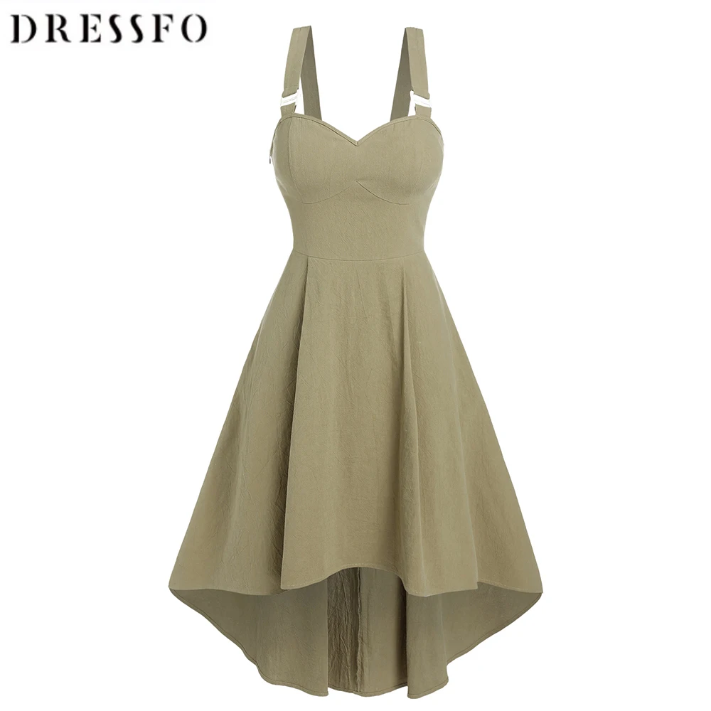 

Dressfo Women High Low Midi Dress Corset Style Pure Color Side Hiden Pocket A Line Sleeveless Dip Hem Summer Dresses