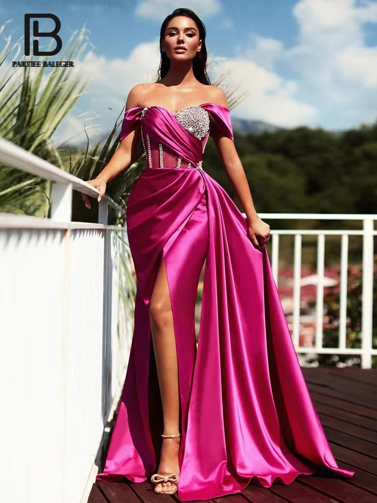 

Длинное платье PB с кристаллами, с коротким рукавом, вырезом лодочкой, высокой талией и разрезом, атласное Коктейльное Макси-платье с высоким...