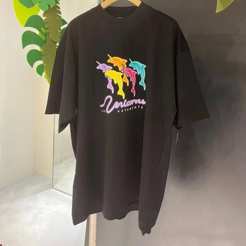 

Real Life Picture Vetements T Shirt Black Cotton Graphic T Shirts Dolphin Printed T-shirt High Quality Adult Fashion Tees