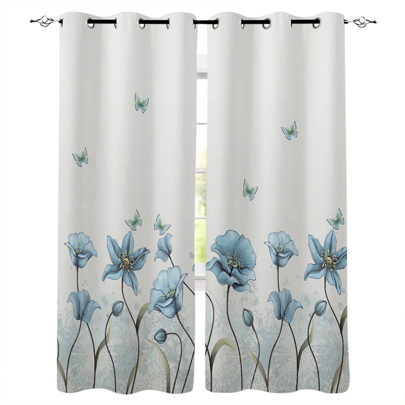 

Blue Flower Butterfly Curtains for Living Room Kids Bedroom Blinds Windows Curtain Balcony Hall Custom Drape Long Cortinas