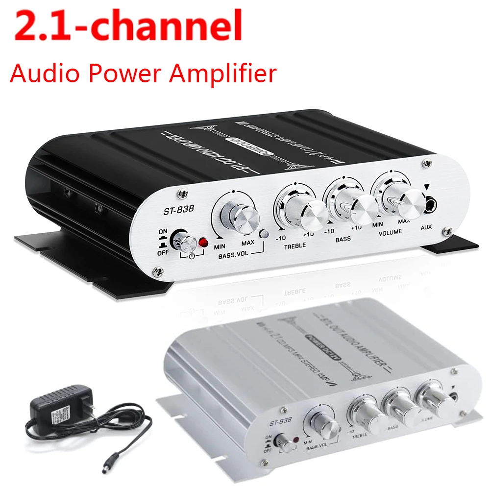 

ST-838 Audio Amplifier 2.1 channel amplifier subwoofer Channel Car MP3 Mini Amp AUX Input High and Low Bass Adjustment Super