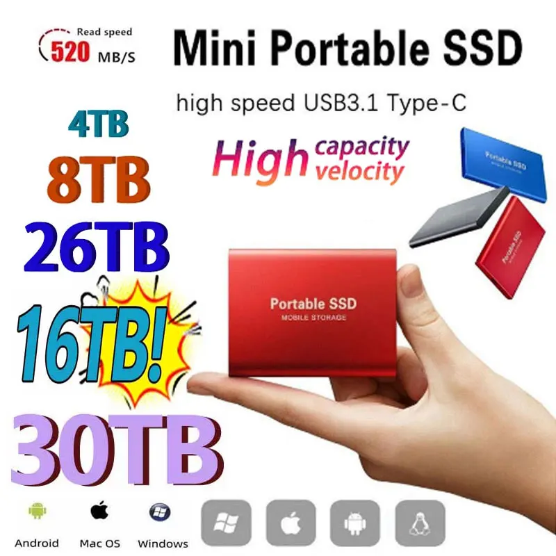 2022 Портативный высокоскоростной мобильный твердотельный накопитель 4ТБ 8ТБ 16ТБ 30ТБ внешний накопитель SSD для ноутбука.