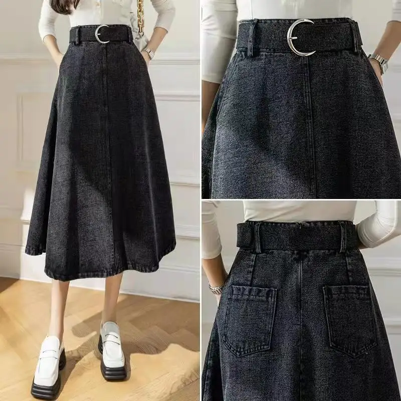 Длинная джинсовая юбка DFRCAEG Новинка лета 2023 трапециевидная черная или синяя