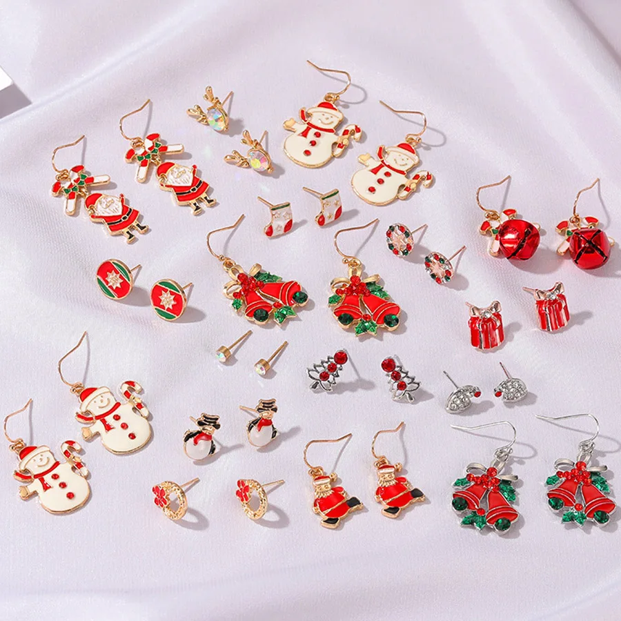 

3Pairs/Set Christmas Earrings For Women Trendy Cute Deer Snowman Santa Claus Bells Wreath Xmas Tree Stud Earrings New Year Gifts