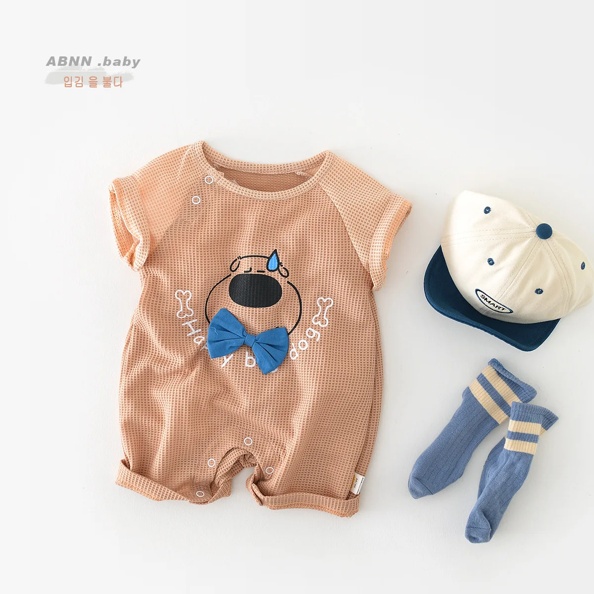 

Summer New Infant Patchwork Short Sleeves Jumpsuit Boy Infant Cartoon Dog Print Casual Onesie Girl Baby Cotton Letter Bow Romper