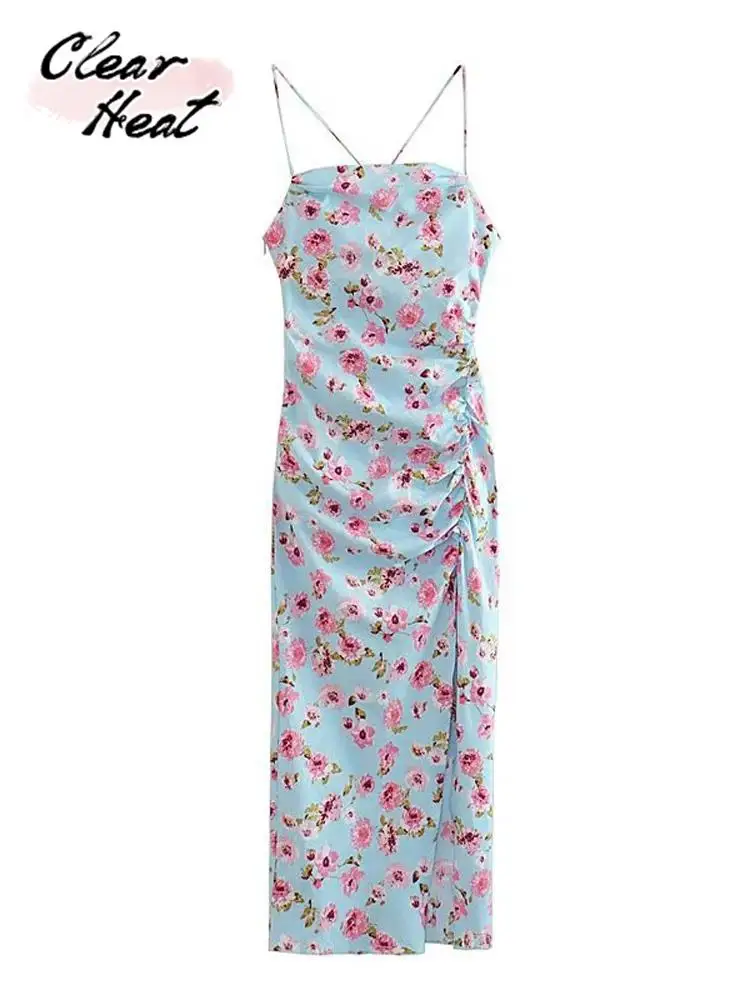 

Printed Pullover Pleated Long Dresses Women Wrap Halter Split Vestidos Temperament Elegant Casual Loose Fitting Chic Robe Summer