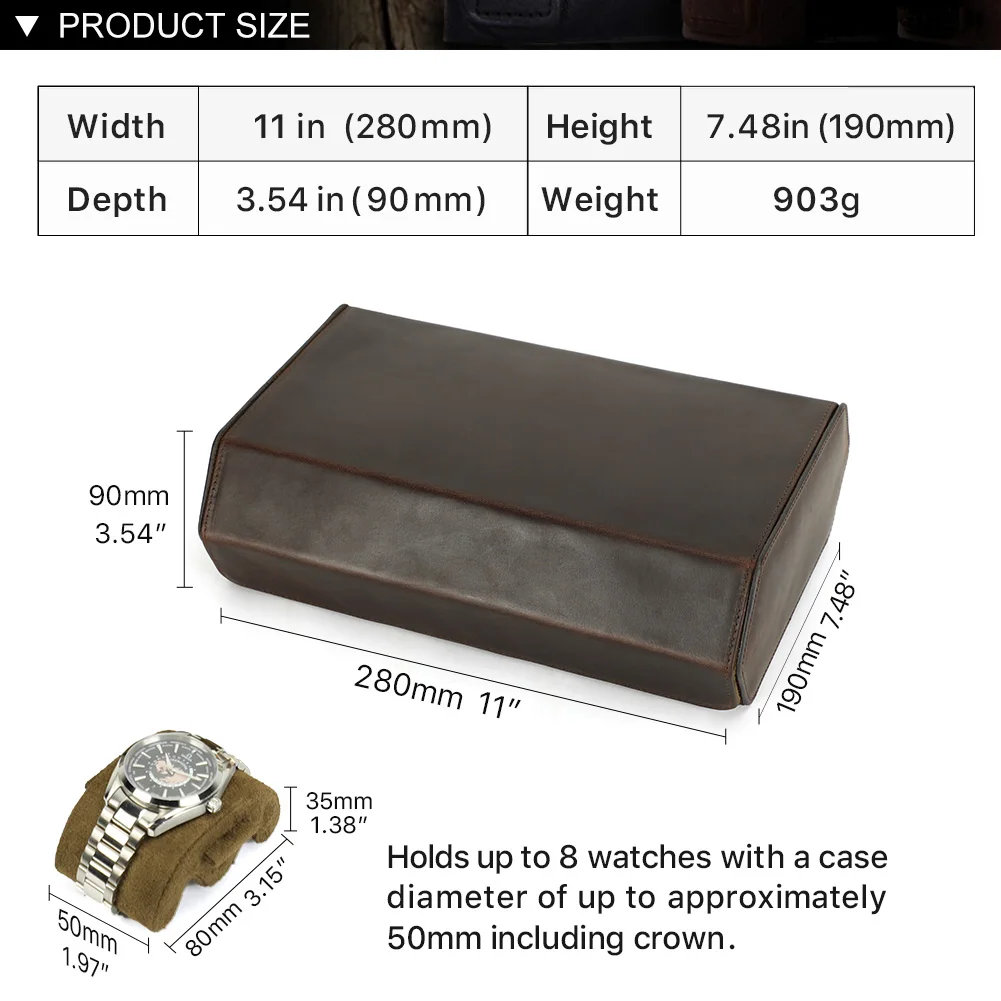 Vintage Crazy Horse Leather 8 Slots Watch Case Travel Storage Box with Slid in Out For Men Watch Organizers Box