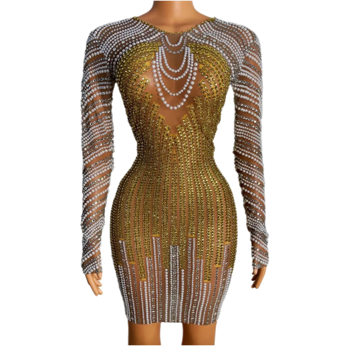 

Gold Shining Rhinestones Pearls Sexy Long Sleeves Sheath Dress For Women Nightclub Party Clothing Singer Stage Costume Prom Wear