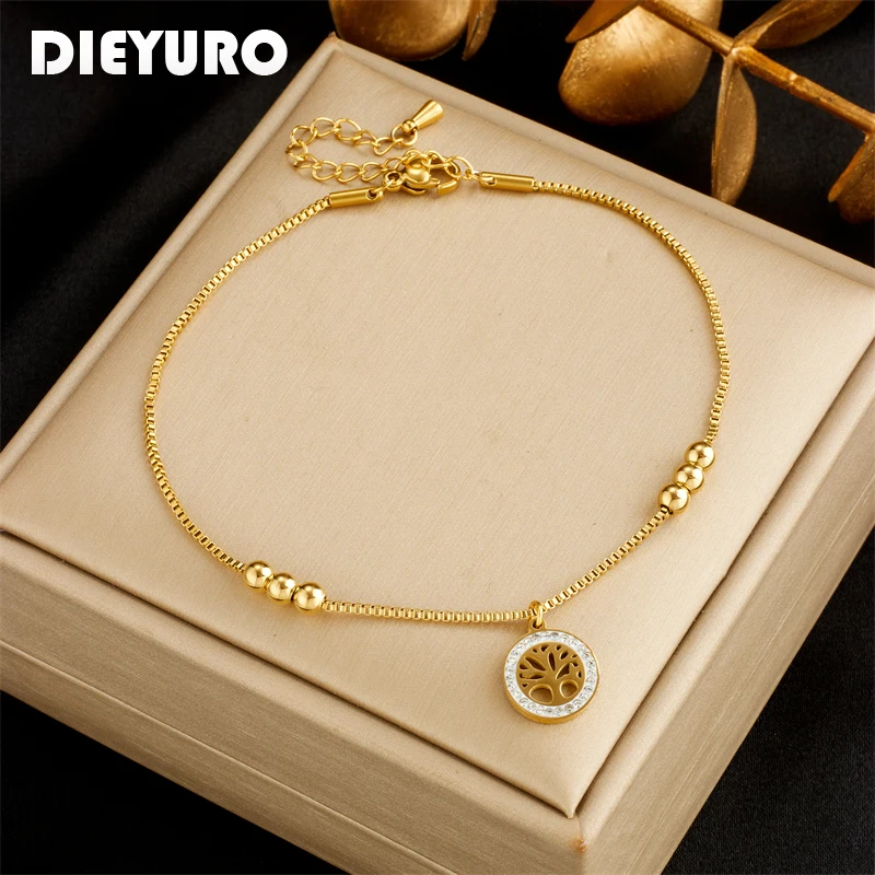 

DIEYURO 316L Stainless Steel Round Tree of Life Charm Anklets For Women Girl New Trend Leg Chain Jewelry Birthday Gift Party