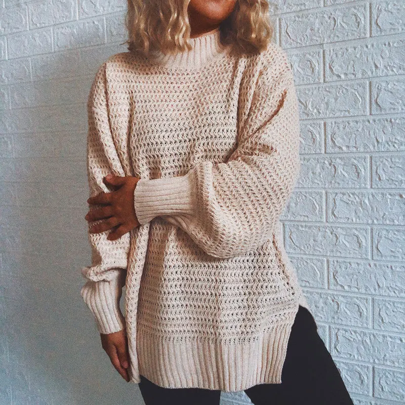 

Autumn and Winter Women's New Loose Half High Neck Long Sleeve Solid Color Street Fashion Pullover Sweater Women Split Knit Top