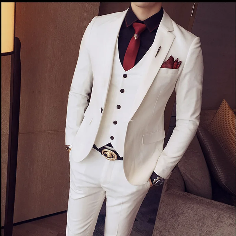 Tuxedo Jackets Men's Suits Slim Fit 3 Pieces Sets White Stylish Designer Prom Suits Grey Costume Homme Mariage Smocking