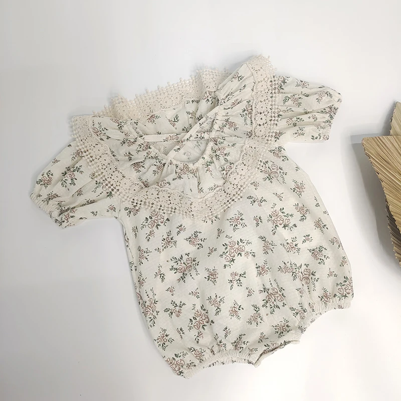 2Pcs Korean Lace Ruffle Cute Baby Romper With Hat Set Infant Vintage Floral Long Sleeve Jumpsuit Toddler Baby Girl Sweet Clothes