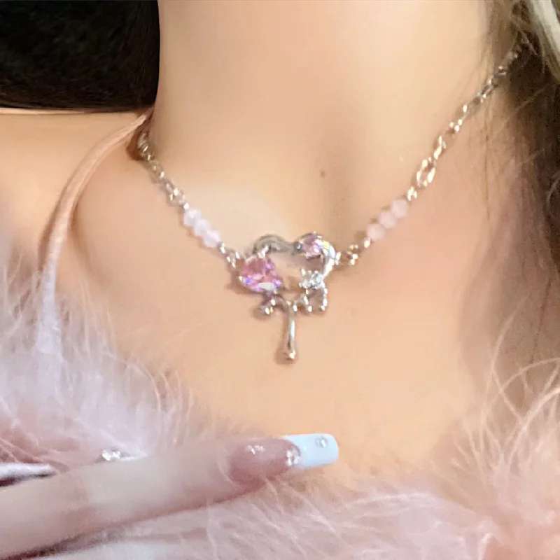 

Peach Pink Zircon Heart-shaped Pendant Women's Necklace Love Water Drop Collarbone Chain Sweet Girl Short Choker Female Jewelry
