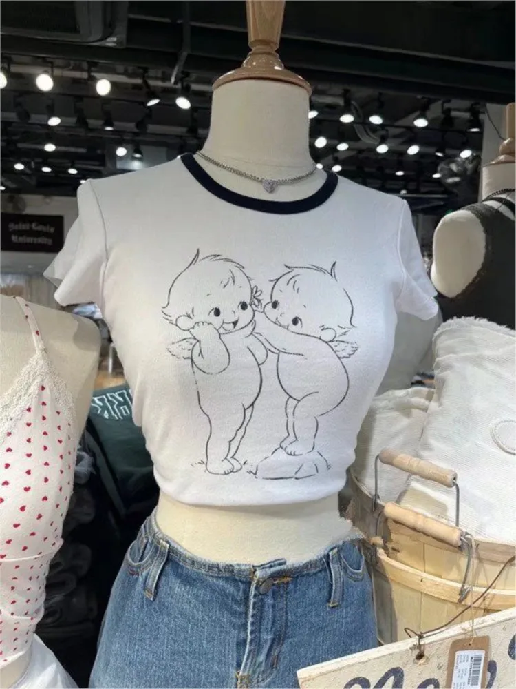 Винтажные женские футболки с принтом ангела и малышей милые лоскутные хлопковые