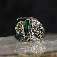 vintage handmade turkish signet ring for men women ancient silver color carved eagle ring green zircon inlay punk motor biker