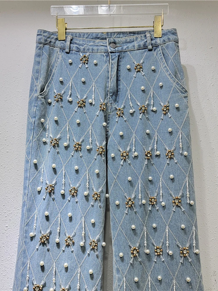 Женские джинсы с высокой талией DEAT прямые брюки из денима в клетку бусинами и
