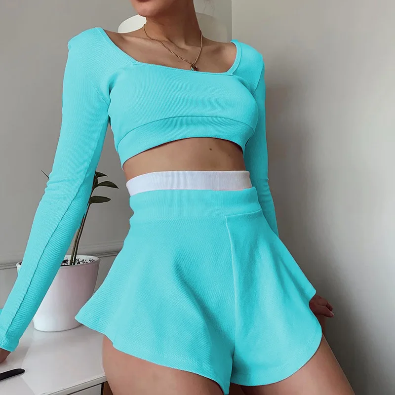 Fashion Casual Sport Shorts Skirts Set Women Summer Leisure Two Piece Set Shorts Set Solid Colors Patchwork Sexy Slim Crop Tops