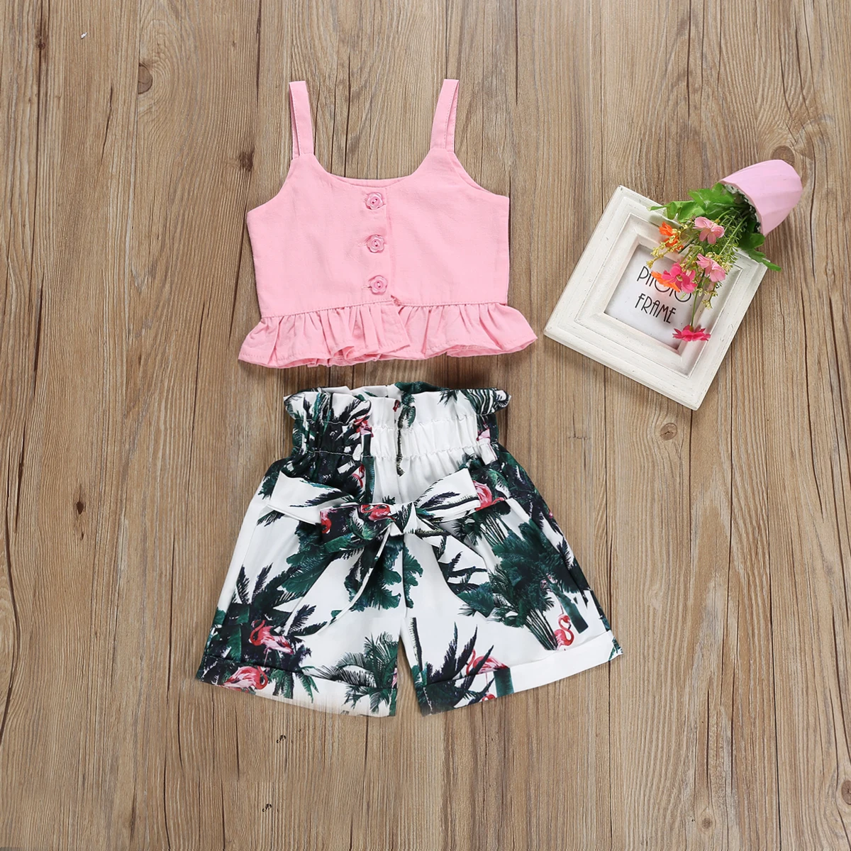 

Summer Baby Clothing Girls Sleeveless Solid Button Camisole High Waist Flamingo Print Shorts Kids 2Pcs Outfits Clothes Set