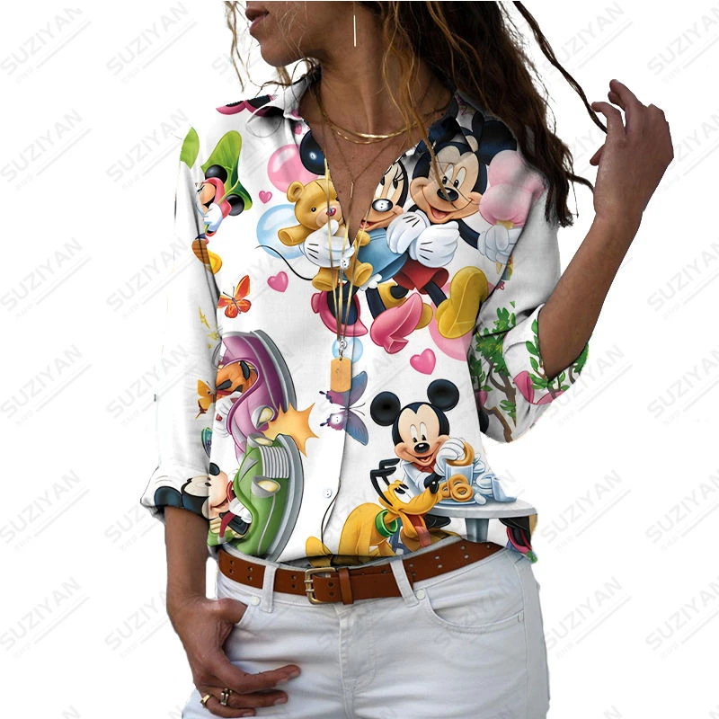 

2023 New Disney Brand Harajuku Temperament Slim Fit 3D Print Women's Button Long Sleeve Polo Mickey Goofy Casual Cute Shirt y2k