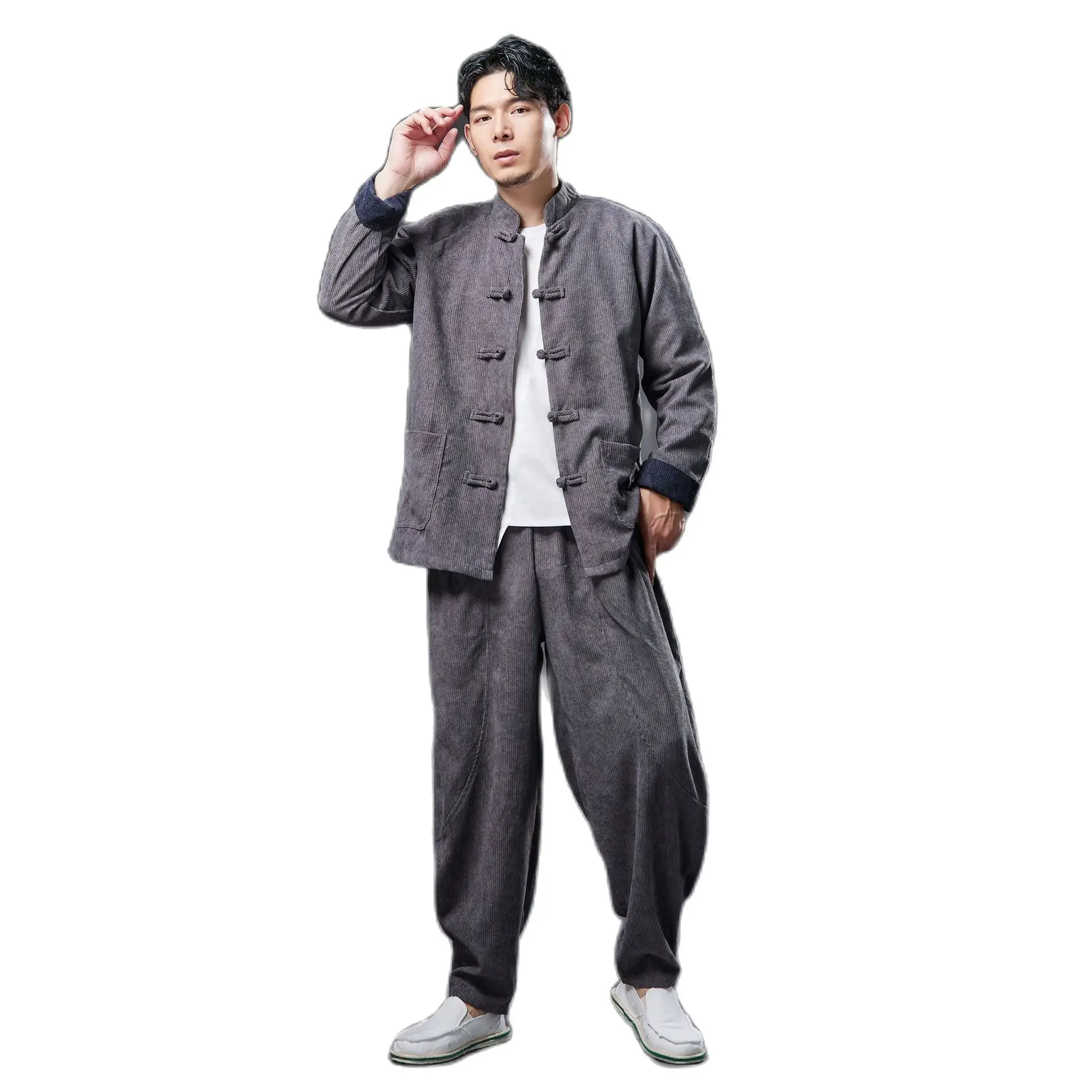 Autumn Asian costume Oriental streetwear Men's Tang Suit Retro Two Piece Set Traditional ethnic Clothing