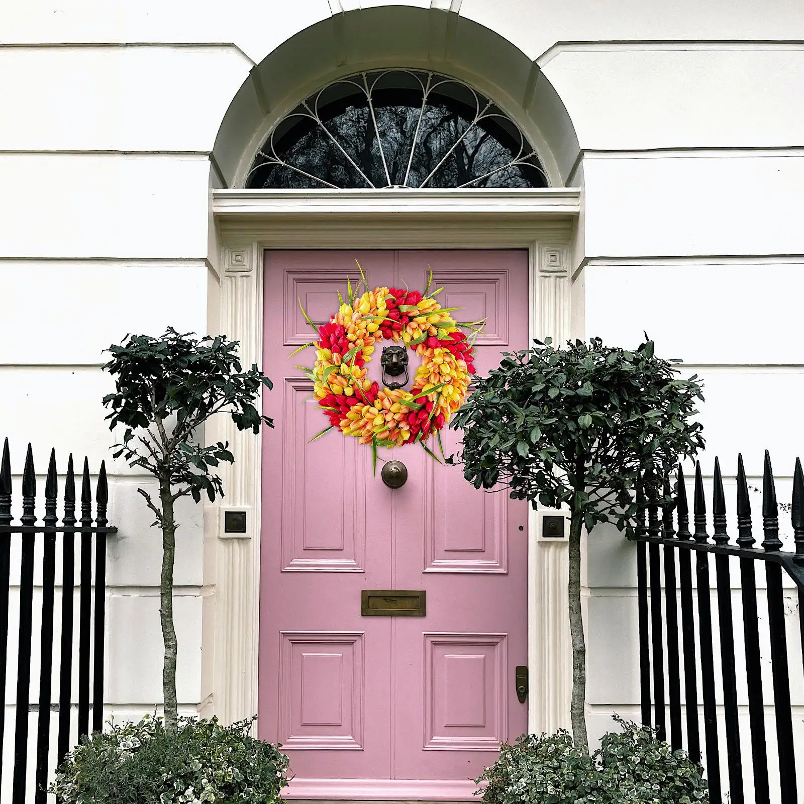 

Red Yellow Tulip Wreath Floral Twig Round Decorative Ornament Hanging Decoration for Front Door Wedding Outdoor Home Decor Party