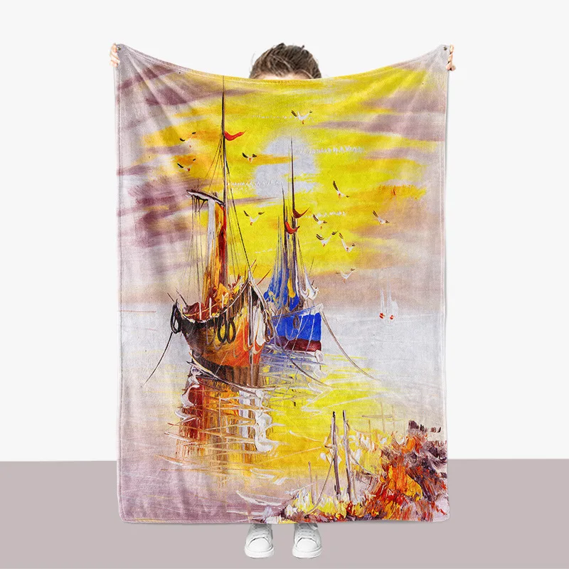 

Canvas Sail Boat Flannel Blanket Modern Impressionist Oil Painting Throw Blanket on Bed Yellow Artistic Bedroom Decor Super Soft