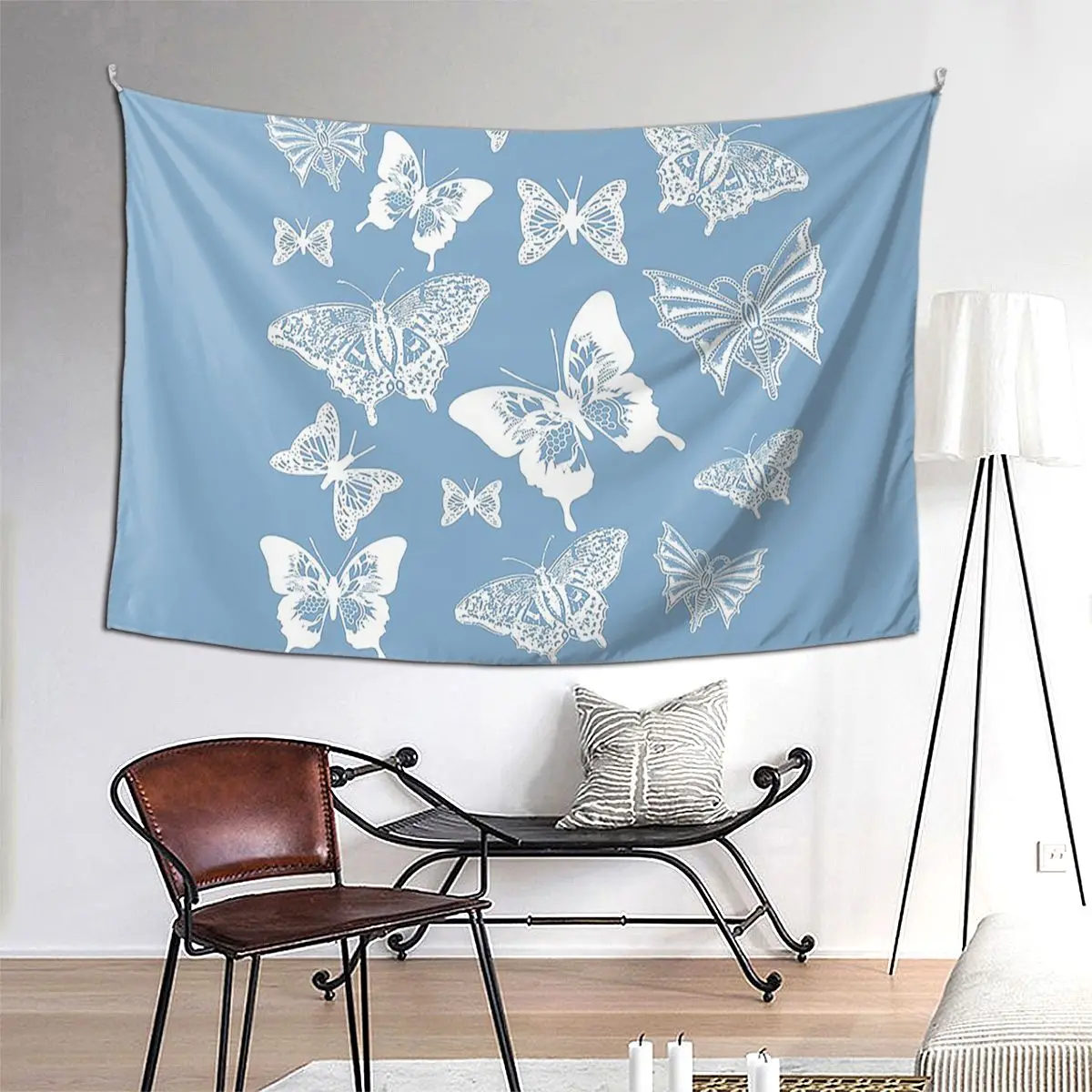 

White Butterflies On Smoky Blue Grey Background Tapestry Wall Hanging Aesthetic Home Decor Tapestries for Living Room Bedroom