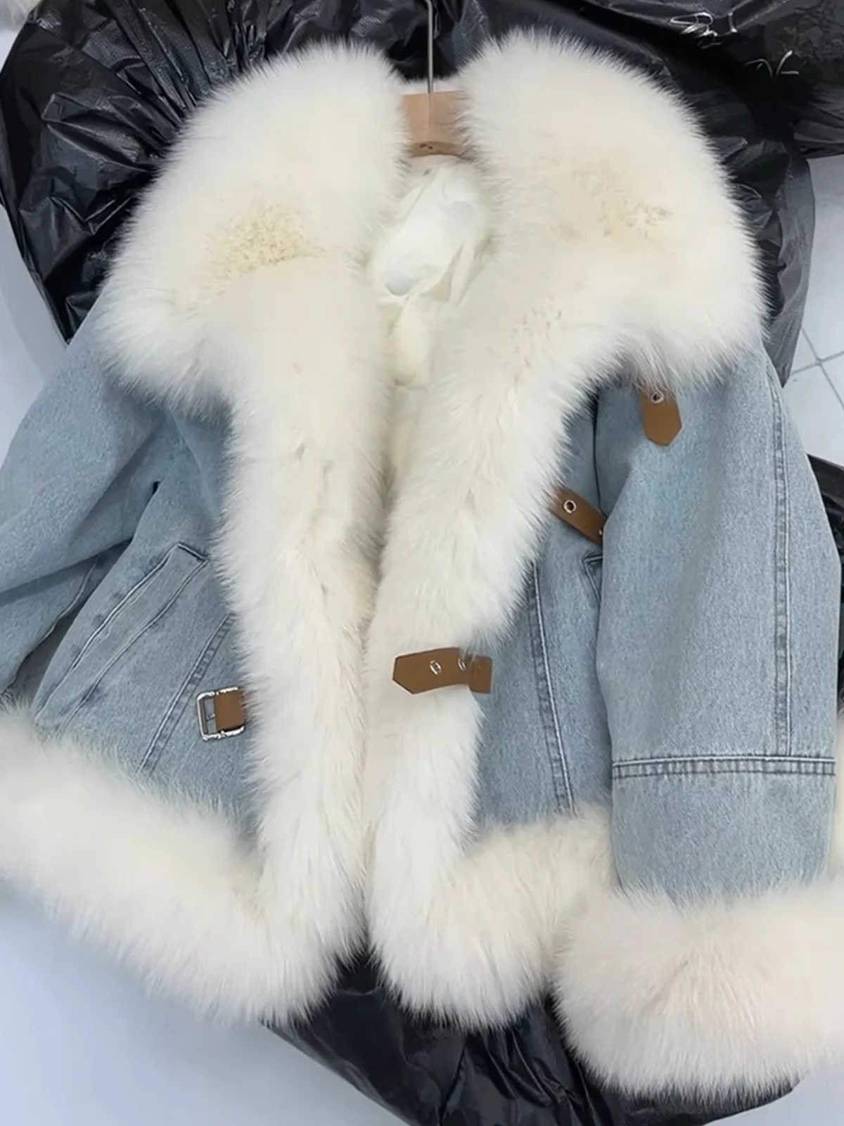 Корейская серия ретро темперамент большой меховой воротник джинсовая меховая