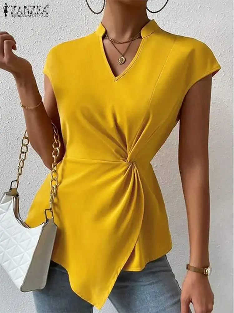 

ZANZEA 2023 Summer Short Sleeve Tops Solid Color Waisted Blusa Office Lady Women Blouse V-neck Party Fashion Twisted Front Shirt