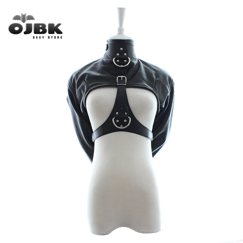 

SM Open Breast Cupless Leather BDSM Bondage Jacket Top Women's Restraint Straight Fetish Forced Orgasm Belt For Vibrator Set New