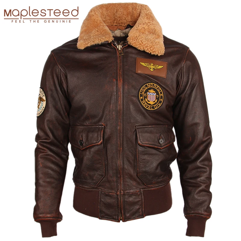 

Vintage Distressed Men Leather Jacket Quilted Fur Collar 100% Calfskin Flight Jacket Men's Leather Jacket Man Winter Coat M253