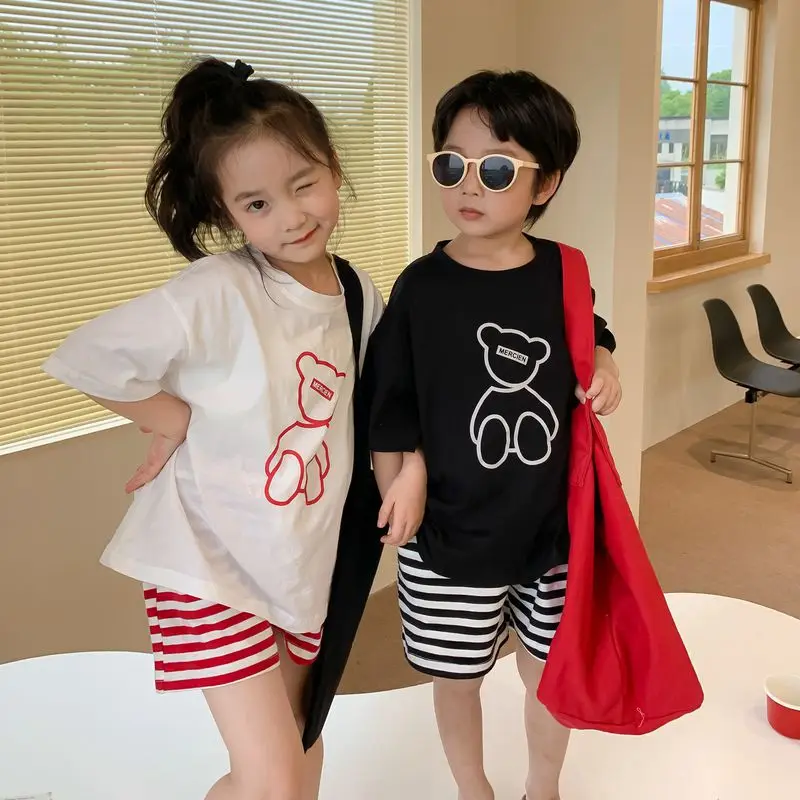 

MILANCEL 2022 Summer New Kids T-shirt Bear Print Short Sleeve Children's Round Neck Loose Casual Girls Tops