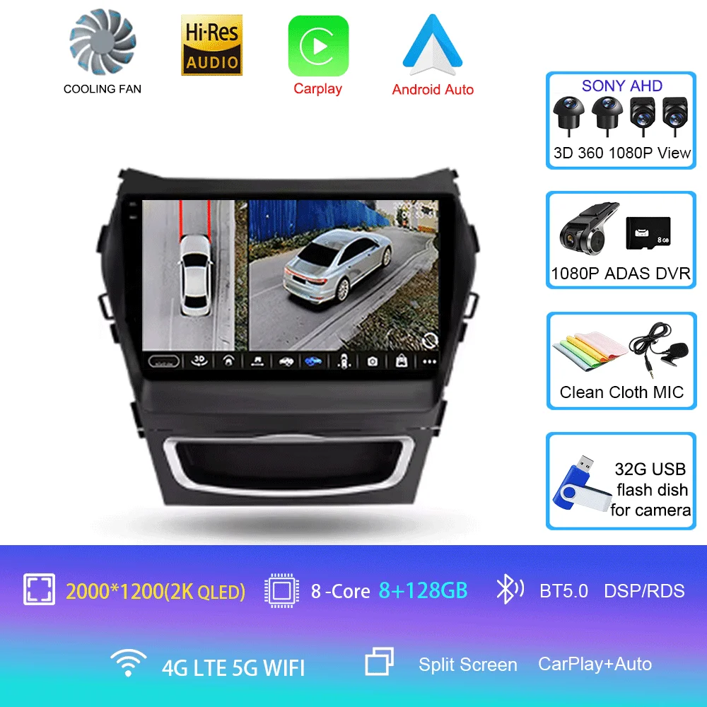 

Для Hyundai Santa Fe 3 2013-2016 Carplay Auto 4G + WIFI GPS Автомобильный радиоприемник Навигация Мультимедийный видеоплеер Стерео BT Android 15