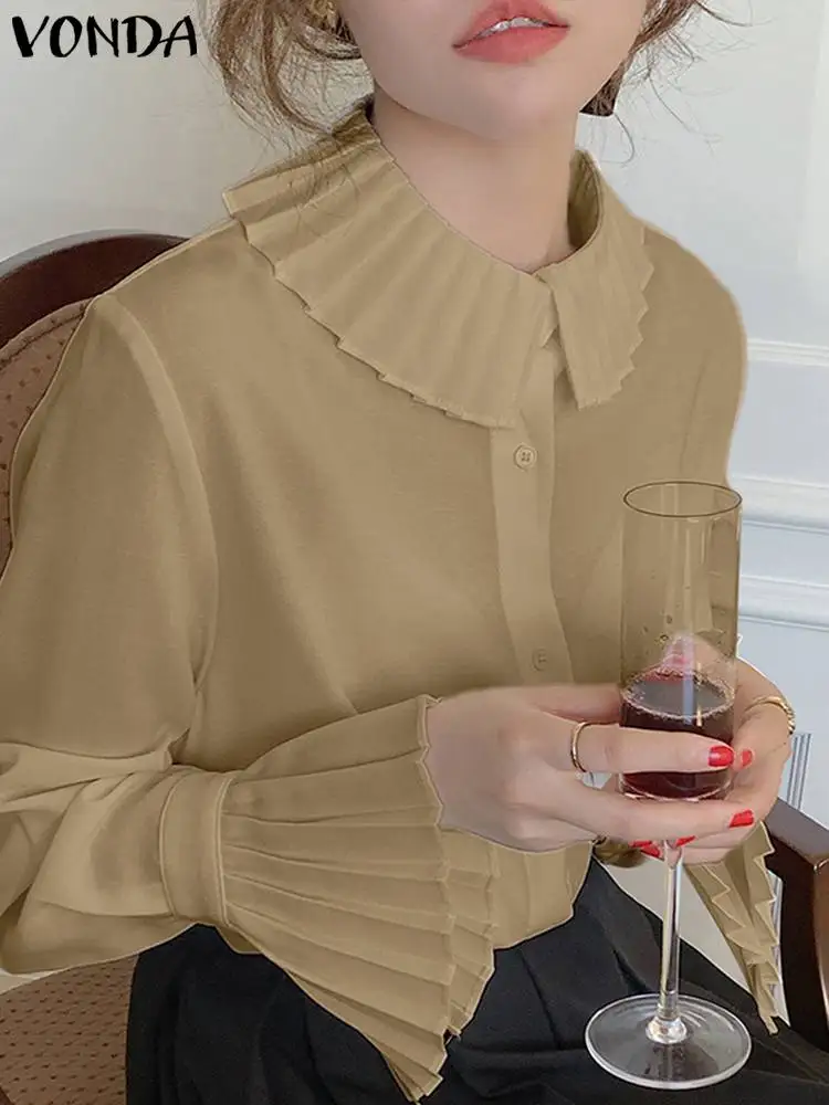

VONDA 2022 Oversize Fashion Women OL Style Chemise Long Sleeve Lapel Neck Blusas Female Casual Button Pleated Blouse Tops Shirts