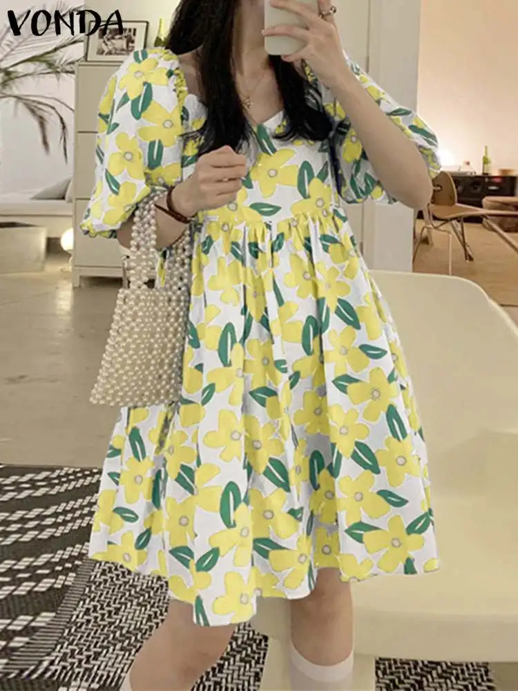 

VONDA Bohemian Mini Dress For Women Summer Holiday Beach Sundress Floral Printed Vintage Casual V-Neck Half Sleeve Short Vestido
