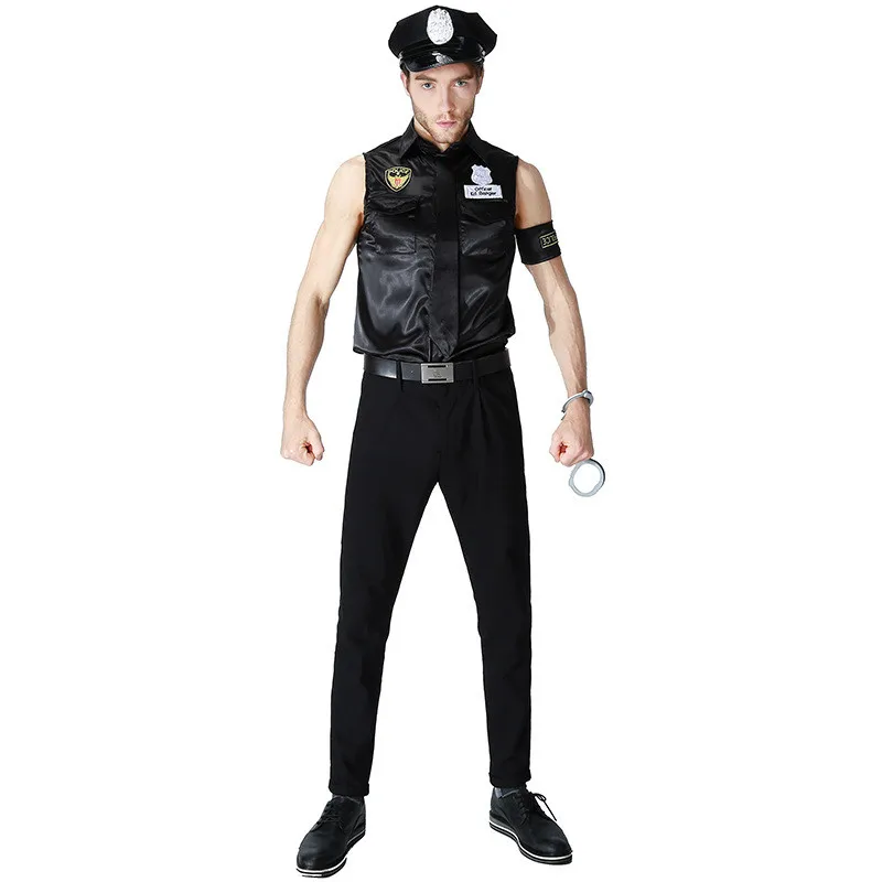 Vocole Schwarz Sexy Polizisten Kostüm Ärmelloses T-shirt Männer Polizei Offizier Polizist Uniform