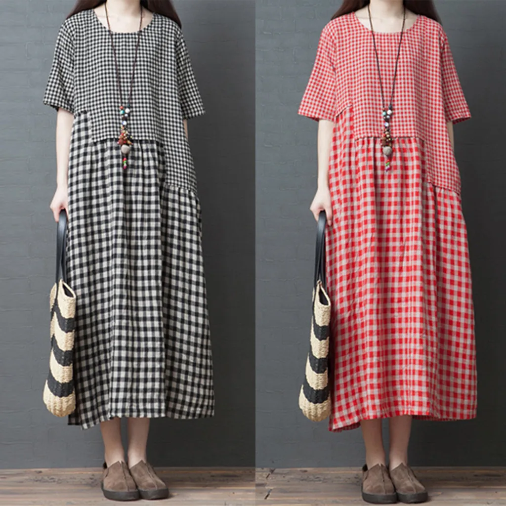 

Женское платье в клетку, с круглым вырезом, из хлопка и льна