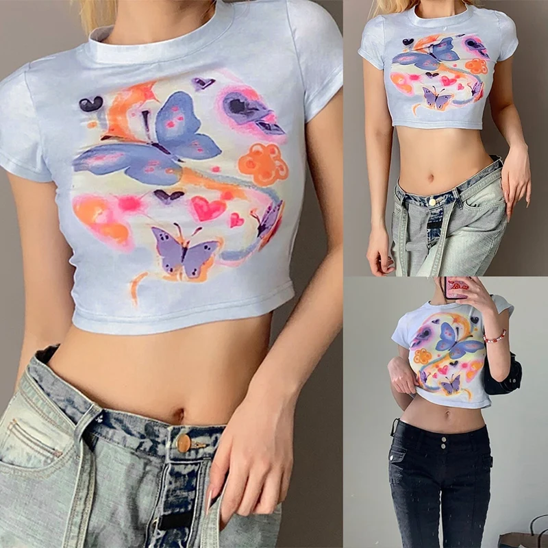 

Футболка с круглым вырезом, коротким рукавом и принтом бабочек