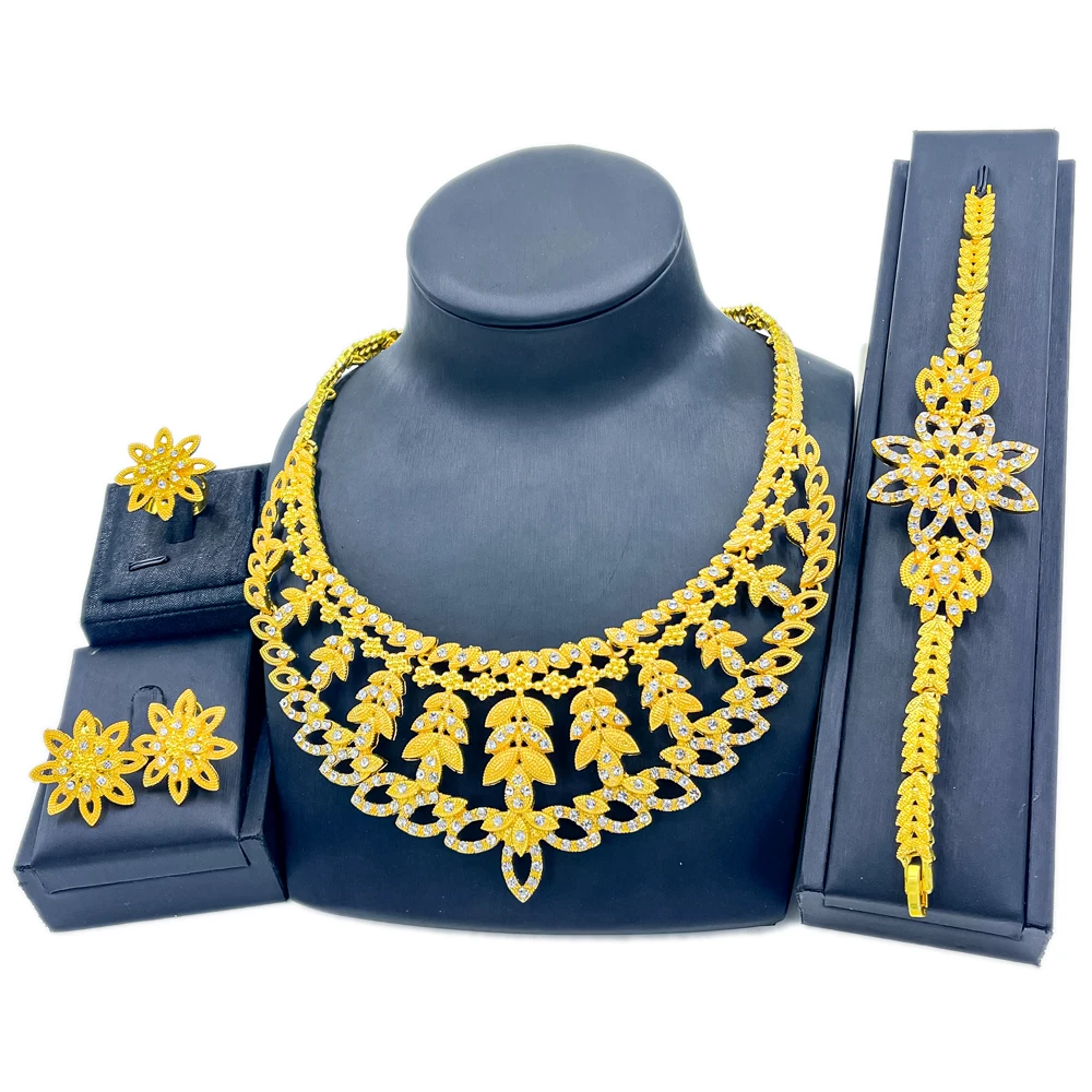 

Leaf Shape Big Necklace African Women for Bracelet Earrings Charm Bridal Wedding Accessories Ring Fashion Jewelry Set