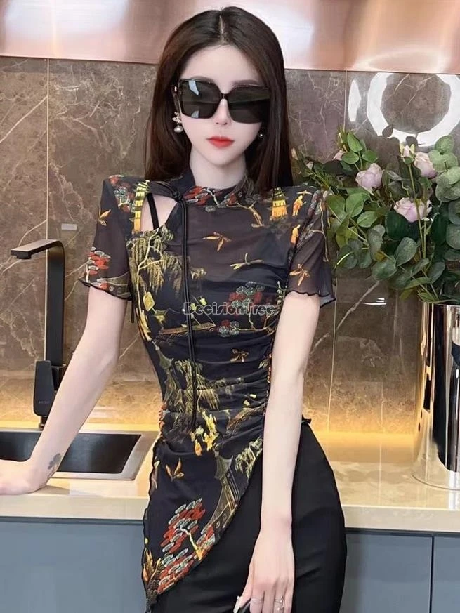 Женская Асимметричная Блузка-Ципао с коротким рукавом и воротником-стойкой в