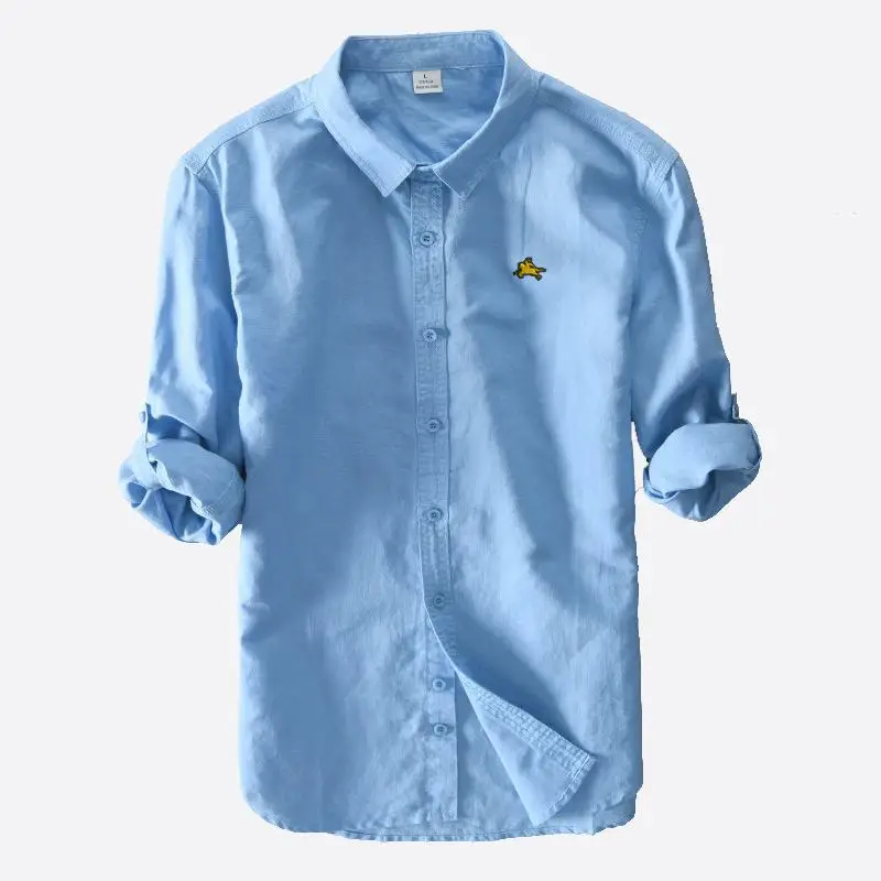 Рубашка мужская с вышивкой и длинным рукавом повседневная сорочка из льна хлопка