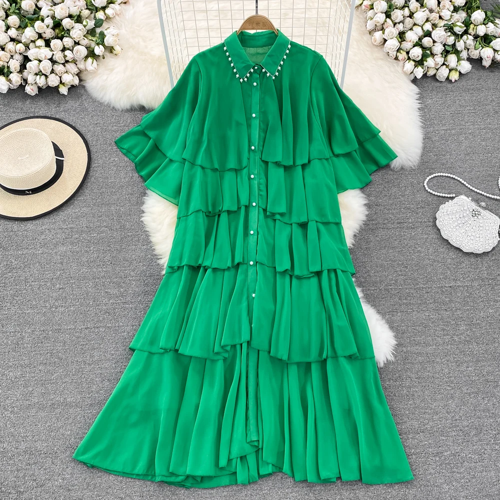 

Amolapha Women Elegant Ruffles Sleeve Beaded Fashion Loose High Waist Cake Dress Vestido